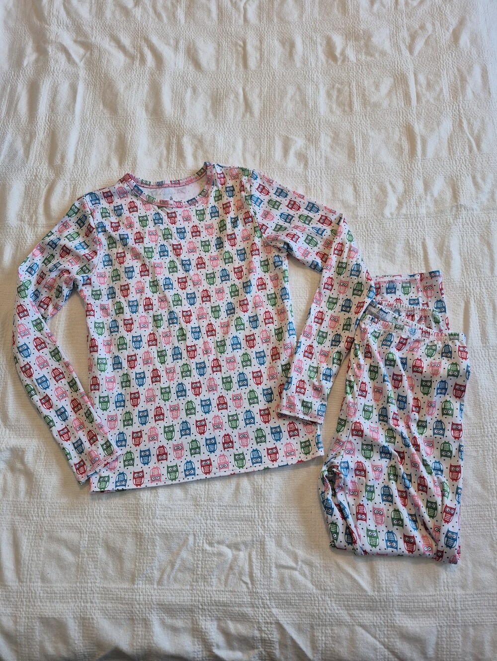Cuddl Duds girls size Large white with owl print, multicolor, base layer VGUC
